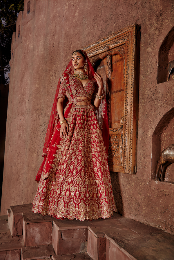Red Raw Silk Lehenga Set With Leather Applique