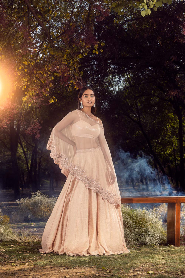 Peach Lehenga Set With Cape And Bustier